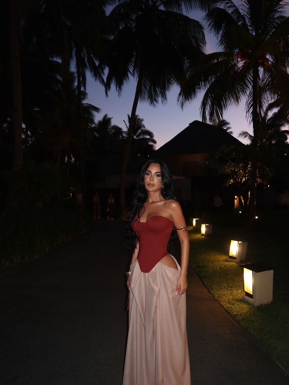 Strapless Red Corset with Blush Maxi Skirt